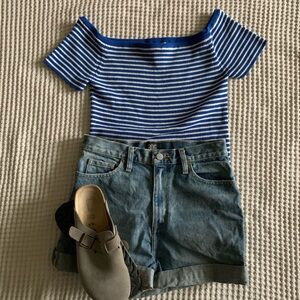 Madewell Blue & White Striped Off-Shoulder Top